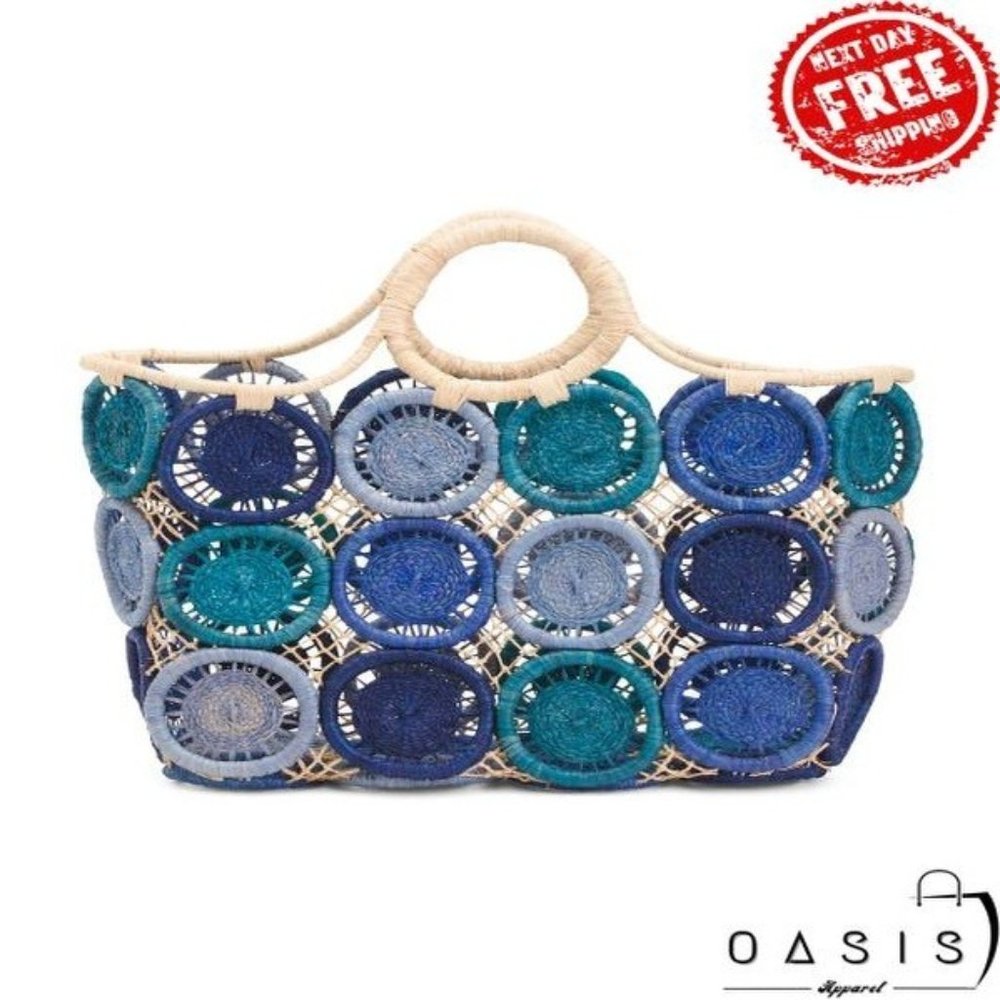 HAT ATTACK Natural Sisal Large Tote With Leather Handles/ Women's Bag